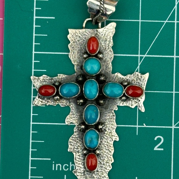 Kingman turquoise coral statement cross sterling silver pendant - Picture 2 of 5